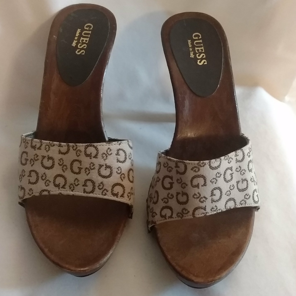 Guess shoes brown beige slide on heels size 7 1 /2